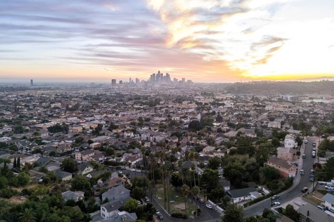Los Angeles skyline aerial view with palm trees and downtown at sunset in California in Los