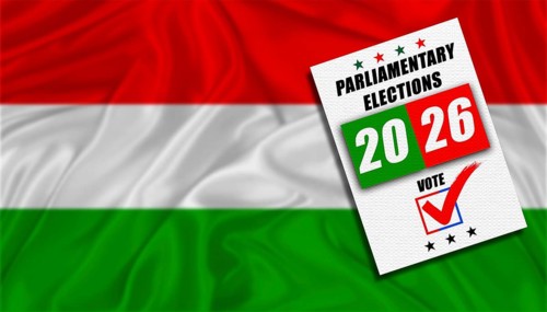 Hungary parliamentary elections with flag in the background. Hungary parliamentary vote 2026