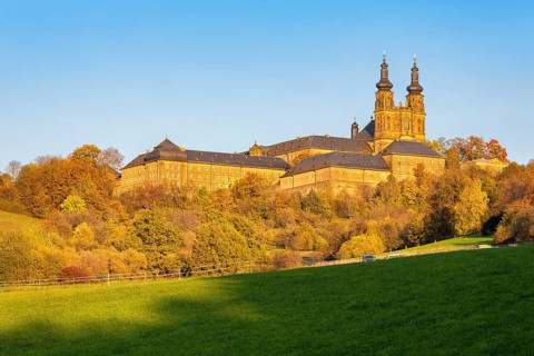 Banz Monastery in the evening light in autumn, Bad Staffelstein, Upper Franconia, Franconia,