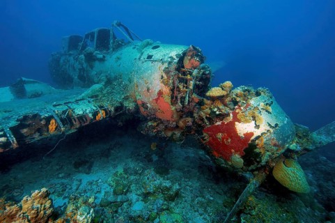 Underwater photo of wreck in WW II sunken Japanese seaplane Aichi E13A1-1, Jake Seaplane, Jake