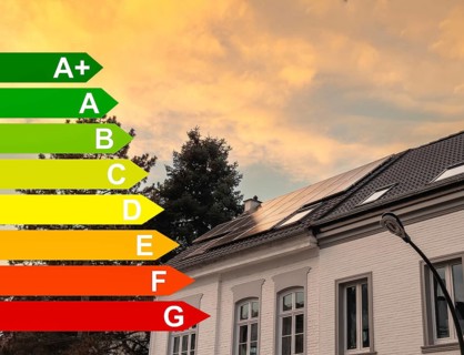 Energy efficiency classes, solar panels in the sunset on the roof of a detached house in