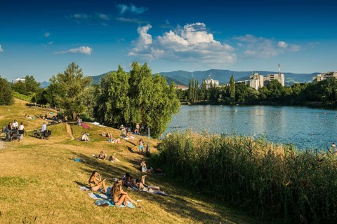 People on and in the lake, Flückiger See, lake park, bathing in the city, heat, heat wave, climate