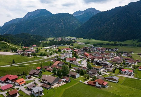 Drone image, view of the village, Grän, Tannheimer Tal, Reutte district, Tyrol, Austria