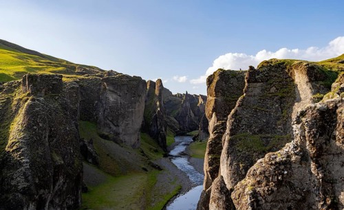 Fjaðrárgljúfur Canyon, Fjadrargljufur, rock formations in rugged deep canyon with river in the