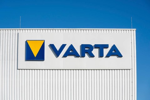 Company logo on an industrial building owned by battery manufacturer Varta, site in Nördlingen,