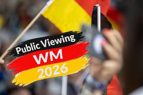 (photo montage) graphic with the colors of the German flag with text PUBLIC VIEWING World Cup 2026