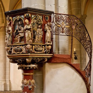 Interior photo with sandstone pulpit of St Castor's Basilica, also known as Kastorkirche, Old Town,
