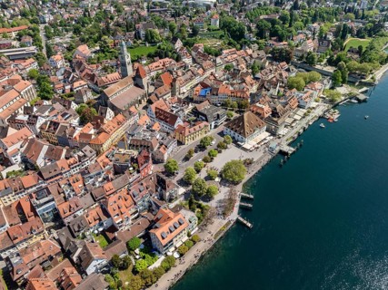 Aerial view of Überlingen on Lake Constance with the historic old town and the lakeside promenade,