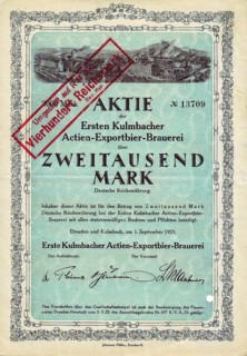 Share of the Erste Kulmbacher Aktienbrauerei from 1920 for 2000 Marks, overprinted with converted