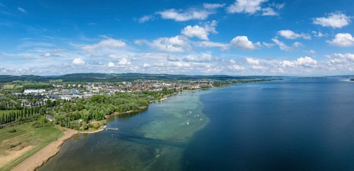 Aerial view, panorama of the town of Radolfzell on Lake Constance, on the horizon the Mettnau