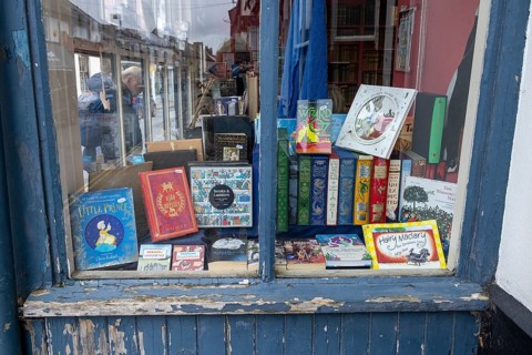 Window display, books, bookshop, Hay-on-Wye, Wales, Great Britain