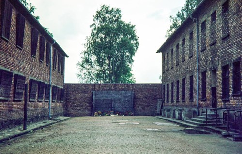 Death Wall or Black Wall, Block 10 and Block 11 at Auschwitz I Nazi German concentration and