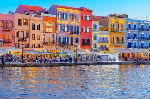 The Venetian Harbour at dusk, Chania, Crete, Greek Islands, Greece