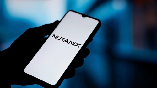 Nutanix logo is displayed on smartphone. Nutanix Inc is an American cloud computing company