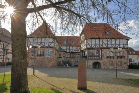 Stone house and museum of Schwalm in backlight, half-timbered house, goat grove, Schwalmstadt,