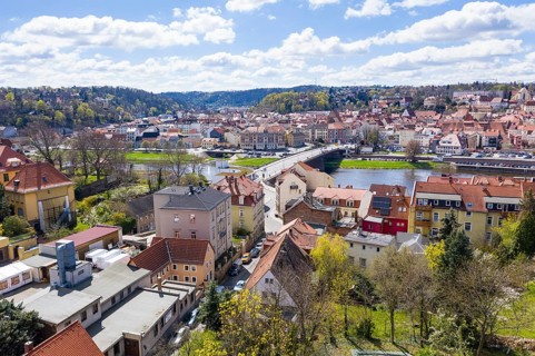 City view with old town bridge, Elbe and Church of Our Lady, Meissen, Saxony, Germany