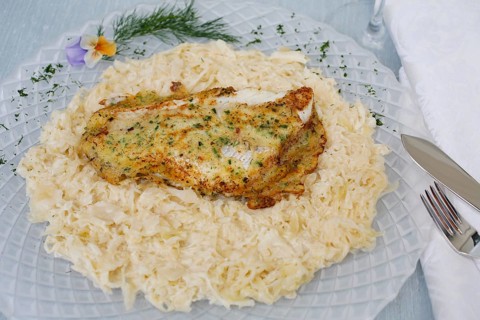 Swabian cuisine, fillet of Lake Constance whitefish with herbs and creamed cabbage, sauerkraut,