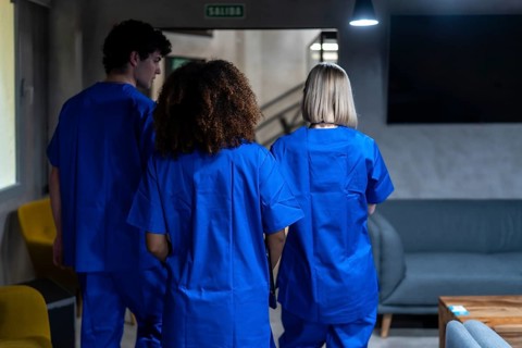 Healthcare professionals wearing blue scrubs walking together down a hospital corridor, symbolizing