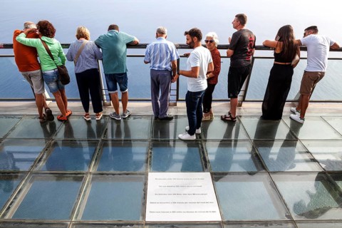 Tourists enjoy the view from the glass-bottom skywalk, Cabo Girao, Camara de Lobos, Madeira Island,
