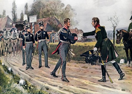 Emperor Alexander I of Russia meets Frederick William III of Prussia near Spahlitz, 1813,