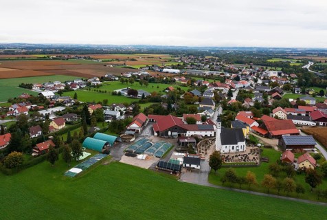 Drone image, residential buildings, view of village with church, Antiesenhofen, Innviertel, Upper