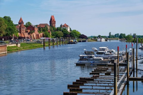 The river Tangier at the harbour of Tangermünde in front of the city wall and the old town and the