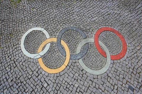 Olympic rings as floor mosaic, paving stones, Rathenow, Havelland, Brandenburg, Germany