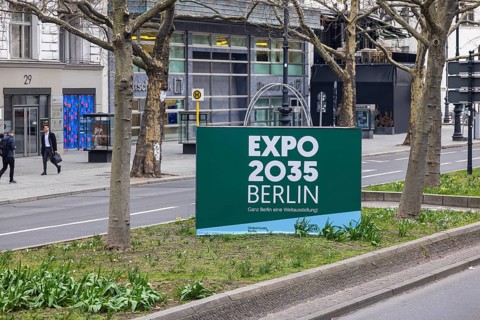 EXPO 2035 Berlin. Advertisement for the World Fair in the federal capital on Kurfürstendamm.