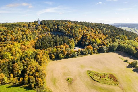 Aerial view of the Pöhlberg with observation tower and basalt columns *butter barrels* in autumn,