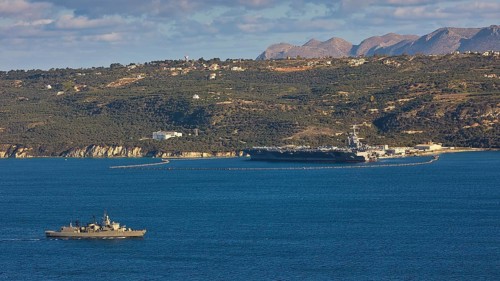Aircraft carrier USS Gerald R. Ford, largest aircraft carrier in the world, anchored in Souda Bay