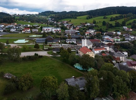 Drone image, view of the village with parish church, Grünbach near Freistadt, Mühlviertel, Upper