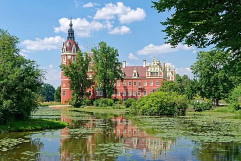The New Castle in Pückler Park. Fürst-Pückler-Park Bad Muskau, Polish Park Muzakowski, is a