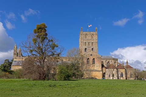 Former abbey church, flag, tree, mistletoe, Tewkesbury, Gloucestershire, England, Great Britain