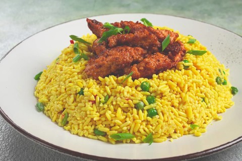 Crispy chicken fillet in soy sauce, with fried rice, homemade, no people