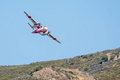 Winchester, CA USA, June 14, 2020: Cal Fire aircraft preparingto drop fire retardant on a dry