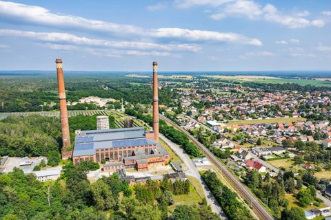 Aerial view, drone photo: Industrial monument decommissioned lignite-fired power plant Plessa with