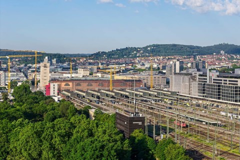 Aprelude at Stuttgart Central Station with office building in the Europaviertel. Stuttgart,