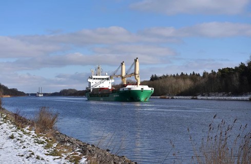General cargo vessel, cargo ship, BREB CUXHAVEN in the Kiel Canal, NOK, Kiel Canal, Kiel Canal,