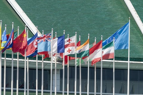 Many flags in front of the United Nations Conference Centre, Bangkok, Thailand