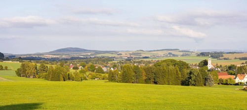 View of Spitzkunnersdorf with mountains of Upper Lusatia, Leutersdorf, Saxony, Germany