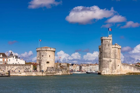 Cityscape with the Tour de la Chaîne and Tour St. Nicolas, Old Port, Old Town, La Rochelle,