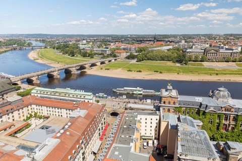 View from the tower of the Church of Our Lady over the Elbe with paddle steamer, Augustusbrücke,