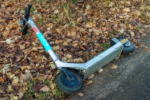 E-scooter, e-scooter fallen over, lying in leaves, rental scooter, electric microvehicle, driver,