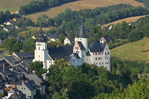 View of baroque St. George's church and castle, landmark, Schwarzenberg, Westerzgebirge,