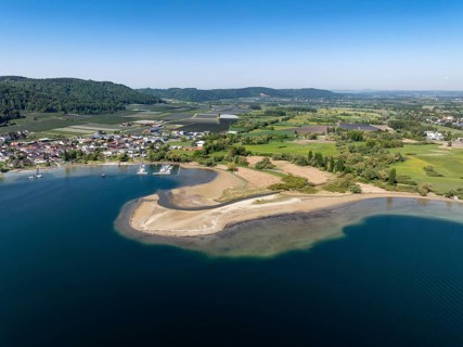 Aerial view of the mouth of the Stockacher Aach at low water, which flows into Lake Überlingen. The