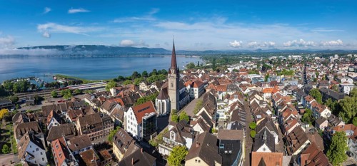 Aerial view, panorama of the historic old town of Radolfzell am Lake Constance with the cathedral,