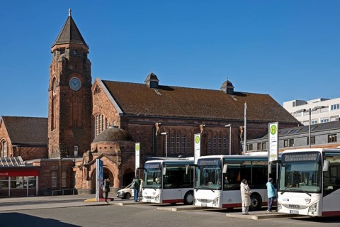 Train station with buses at the bus station, Giessen, Hesse, Germany