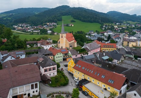 Drone image, view of the village, Waldhausen im Strudengau, Mühlviertel, Upper Austria, Austria