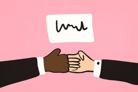 An illustration of two hands shaking in agreement, symbolizing business partnership and