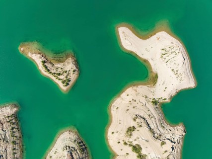 Detail of the Negratín reservoir, aerial view, drone shot, Granada province, Andalusia, Spain